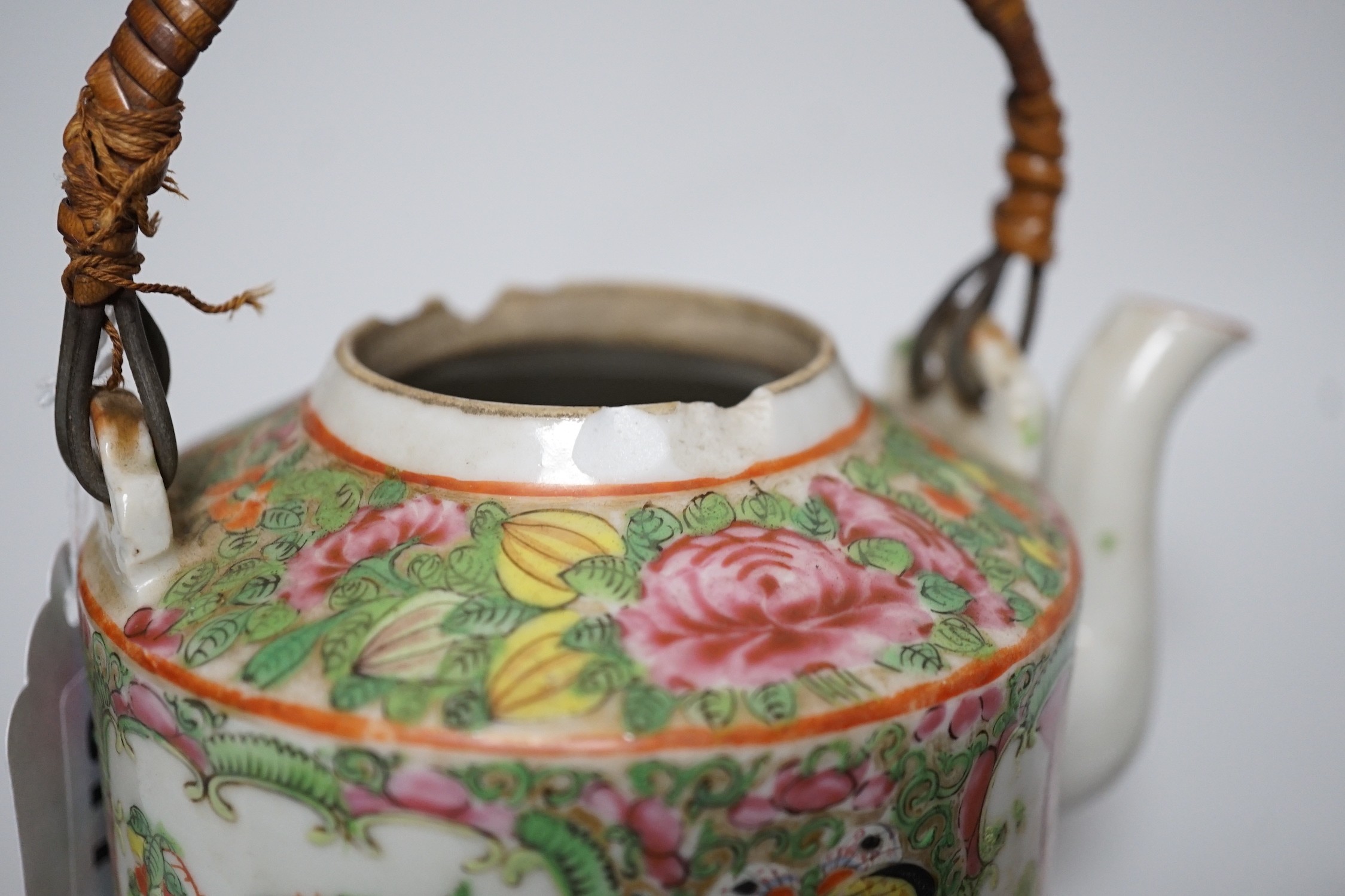 A pair of Chinese celadon ground famille rose plates, a Chinese famille rose tea pot and a bronze censer, plates 26cms diameter